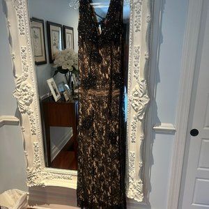 Jovani Black Rhinestone Beaded Lace Over Nude Full Length Gown